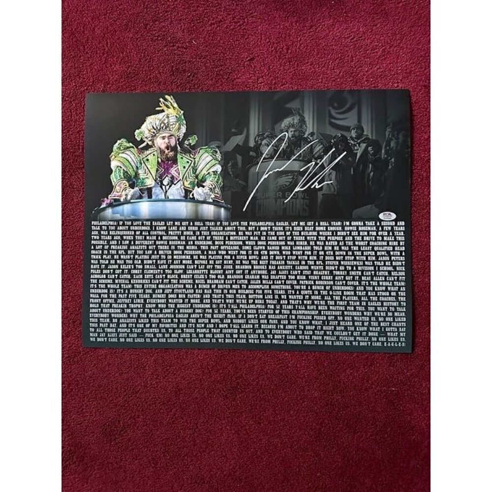 Jason Kelce signed autographed Eagles SBLII Parade Speech 16x20 Photo PSA